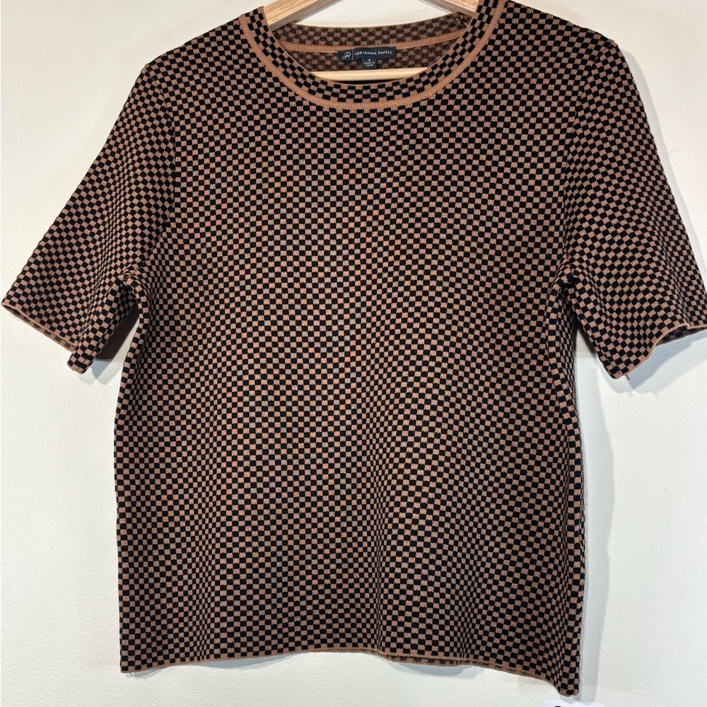 Adrianna Papell Black and Brown Patterned Short Sleeve Top‎ Size S